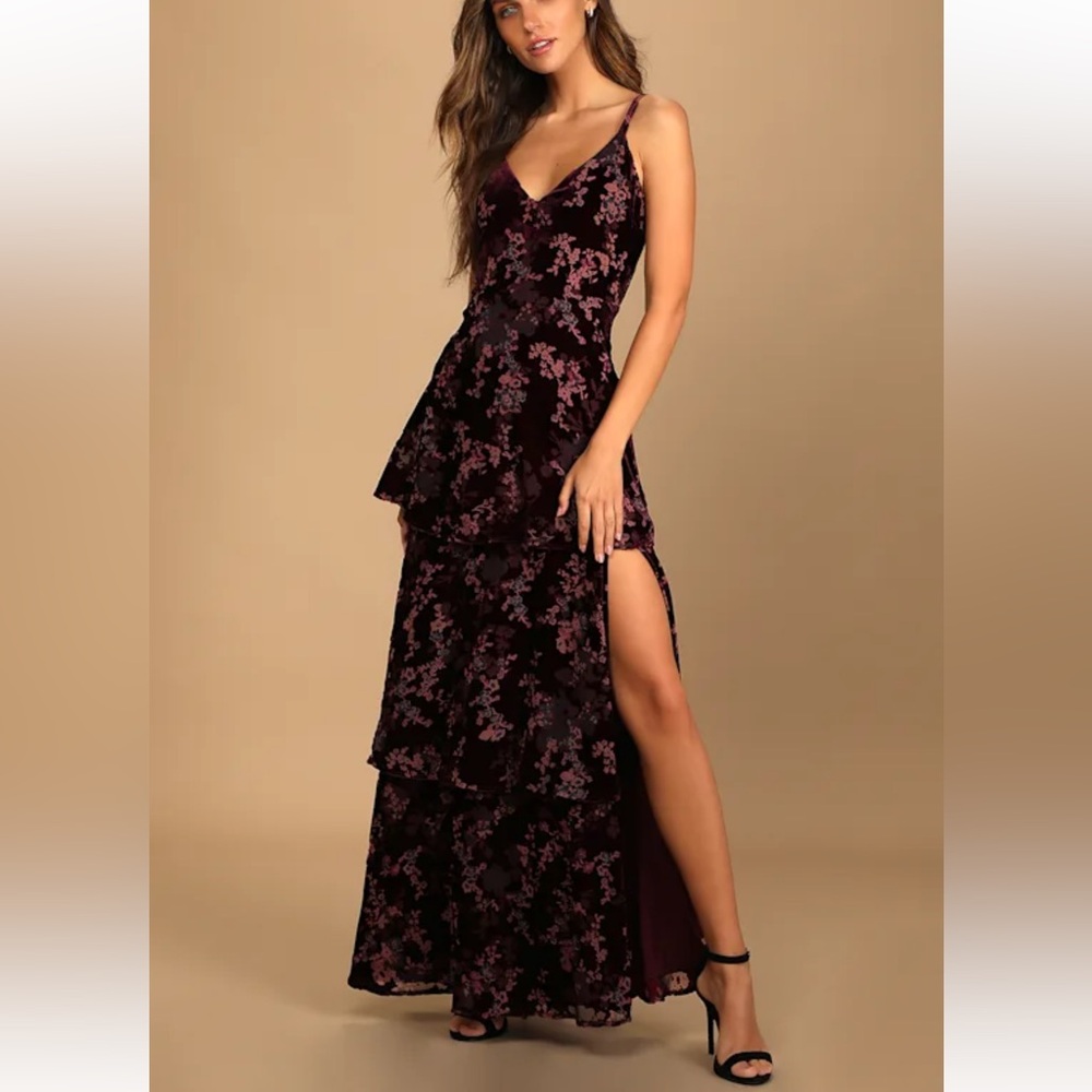 I Love You Amore Plum Purple Floral Velvet Tiered Maxi Dress